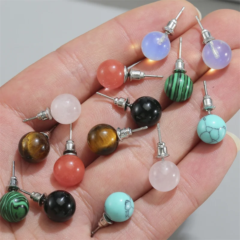 

7pairs Mixed Round Stone Stud Earrings 10mm Round Ball Earrings Set Fashion Jewelry Gifts