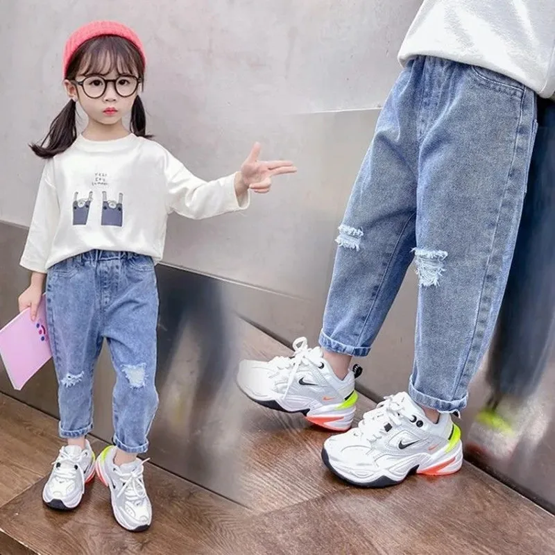 

Spring and Autumn Girls Jeans Pants Summer Baby Soft Jeans Trousers Children's Fashion Ripped Jeans