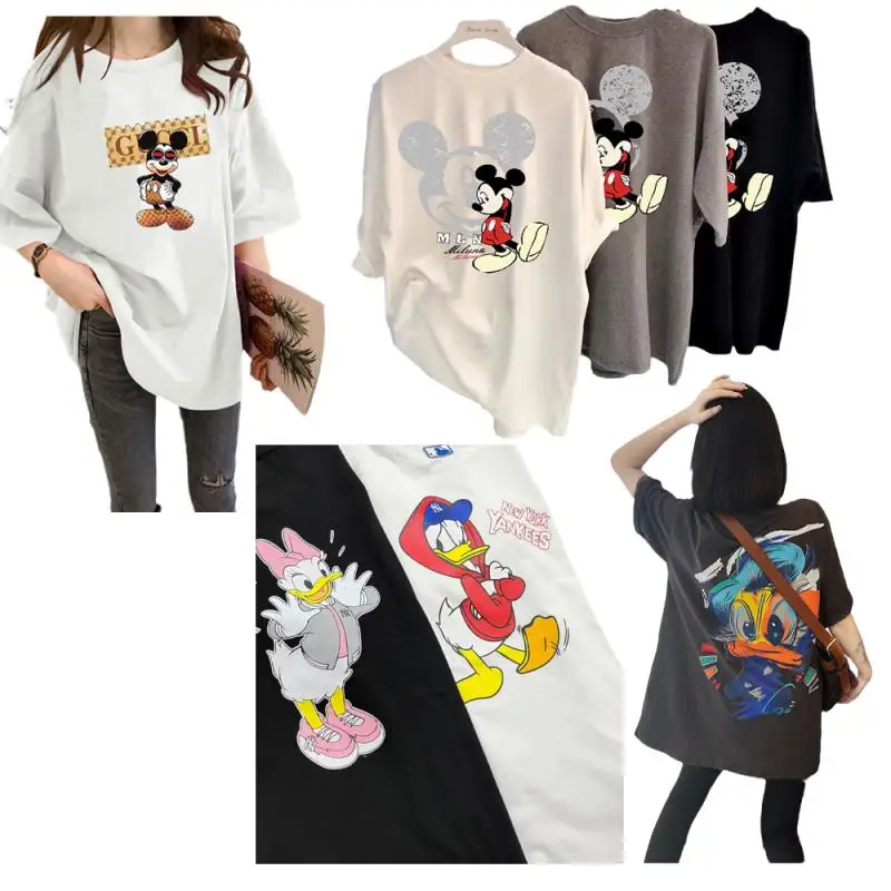 

Summer New Kawaii Disney Mickey Minnie Donald Duck Daisy Duck Snow White Cute Cartoon Pattern Anime Large Size Print T-Shirt