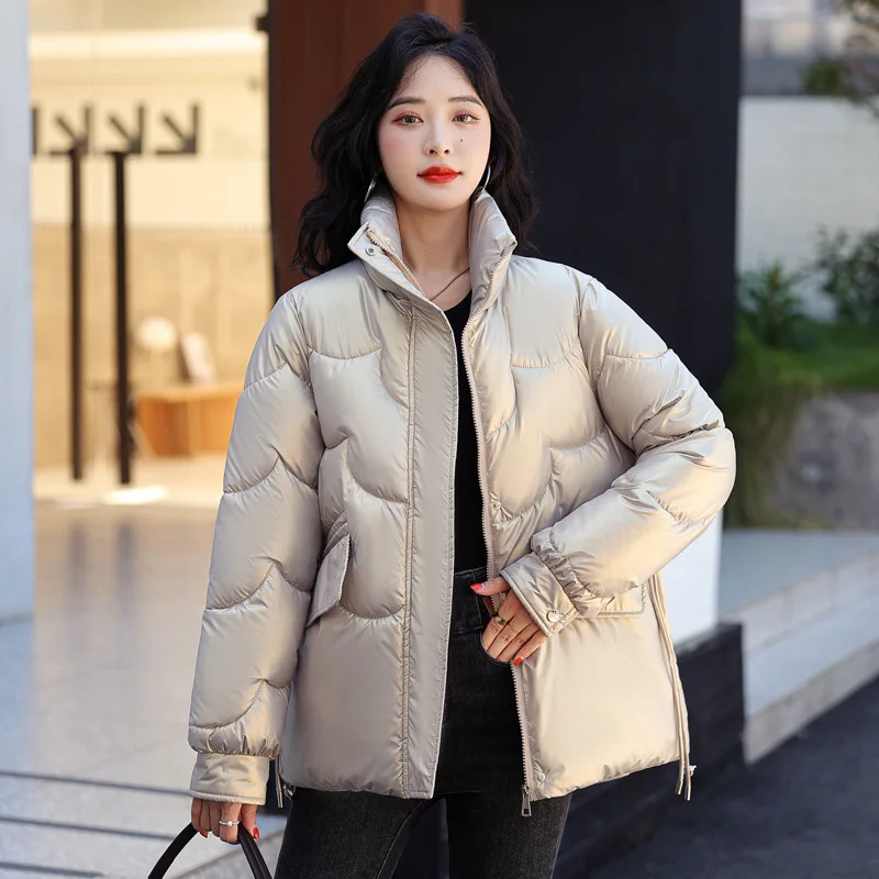 GRELLER 2022 New Women Winter Down Jacket Bright Shiny Cotton Padded Warm Parka For Women Short Stand Collar Winter Coat Clothes