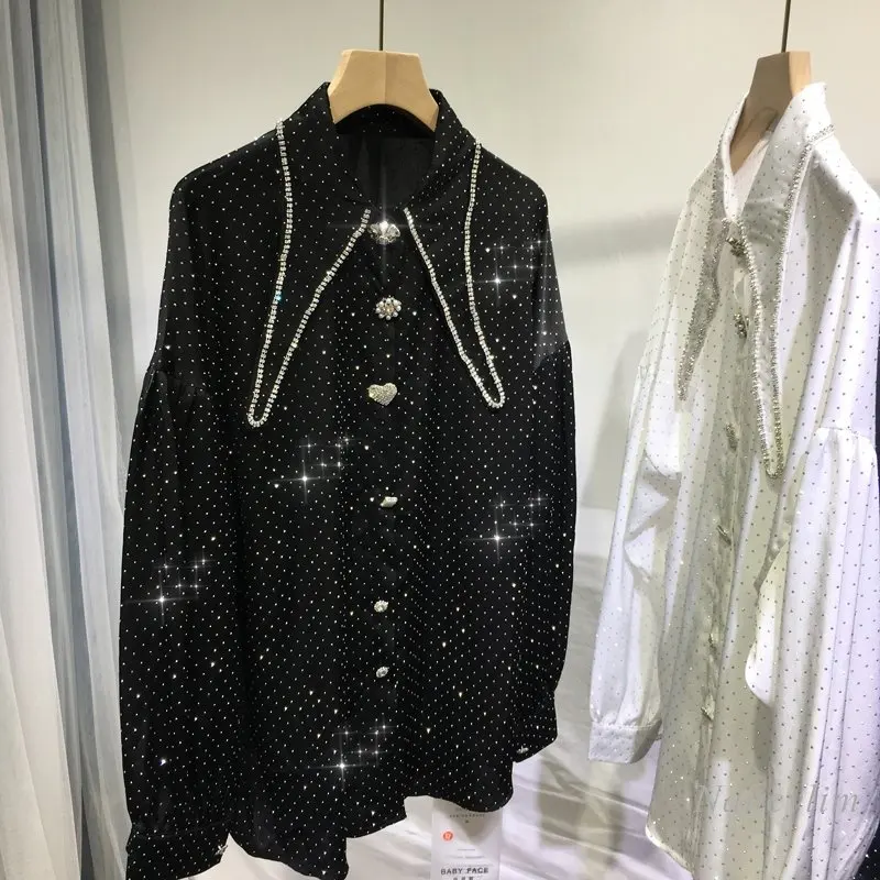 

Women's Y2K Clothes Shiny Rhinestone Shirts Embroidery Hot Drilling Blouses Luxury Full-Body Beaded Lapel Long Sleeve Loose Top