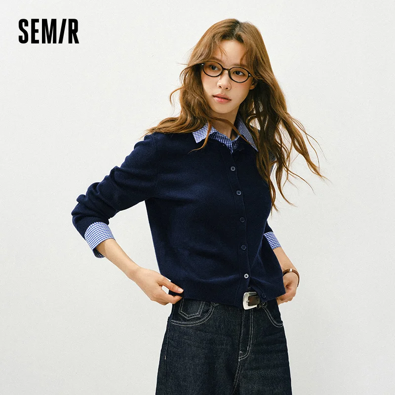Фото Вязаный кардиган Semir, короткий весенний съемный клетчатый воротник, универсальный офисный многослойный топ, женский 2025 №1