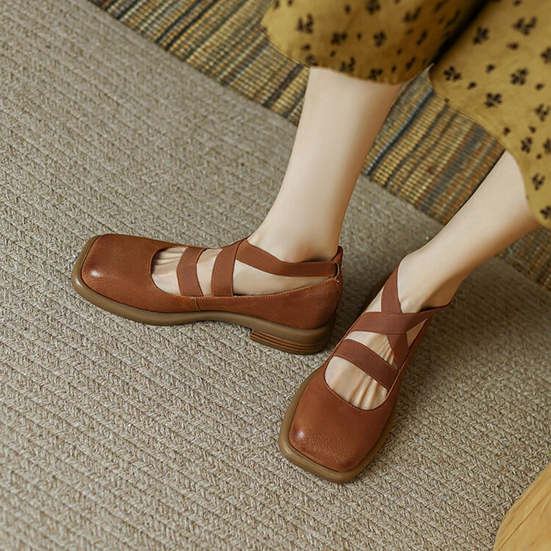

NEW Spring/Fall Women Shoes Square Toe Chunky Heel Shoes Genuine Leather Mary Janes Slip-on Pumps Women Concise Soft Black Shoes