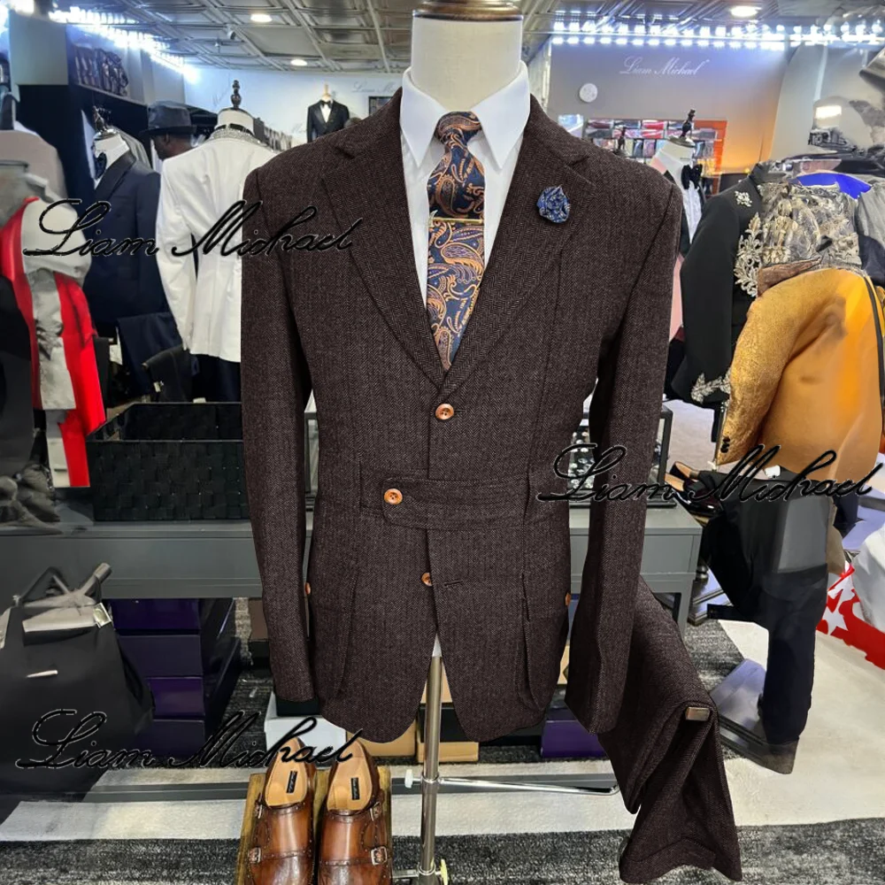 Мужской винтажный костюм из 2 предметов пиджак в елочку брюки деловая офисная