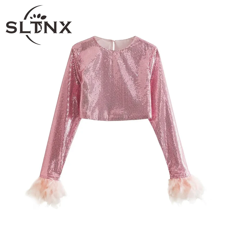 

SLTNX Streetwear 2023 Long Sleeve Sequin Top Female Summer with Feather Decoration Women's Tops Ladies Chic Elegant Short Tops