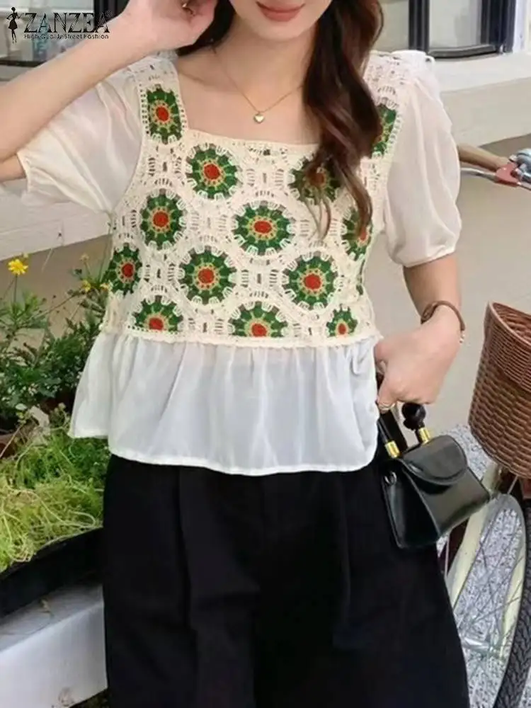 

Блузка ZANZEA в Корейском стиле женская с пышными рукавами и полурукавами, милая Праздничная рубашка с расклешенными стежками, Повседневная б...