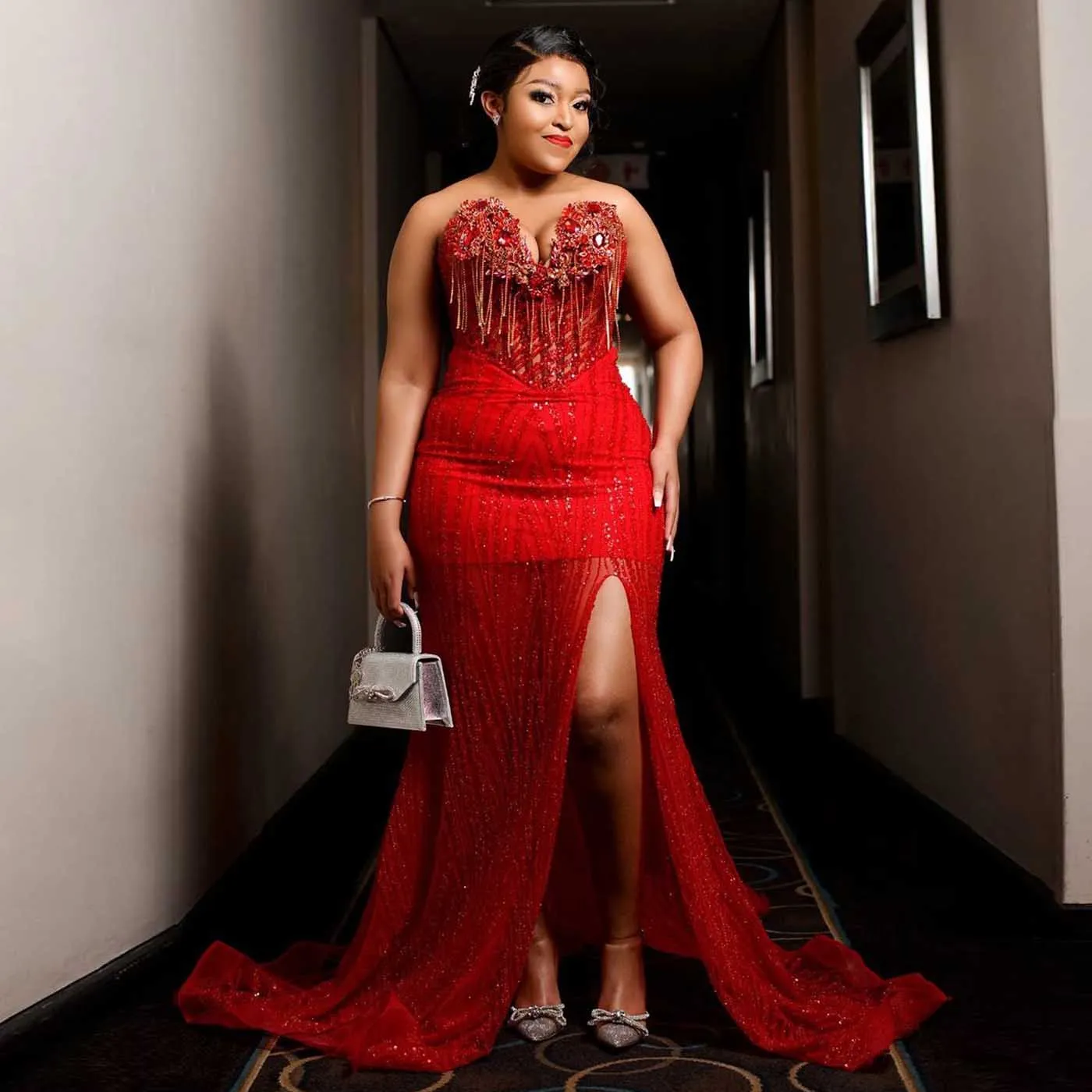 Африканское красное свадебное платье с бусинами роскошное кружевное