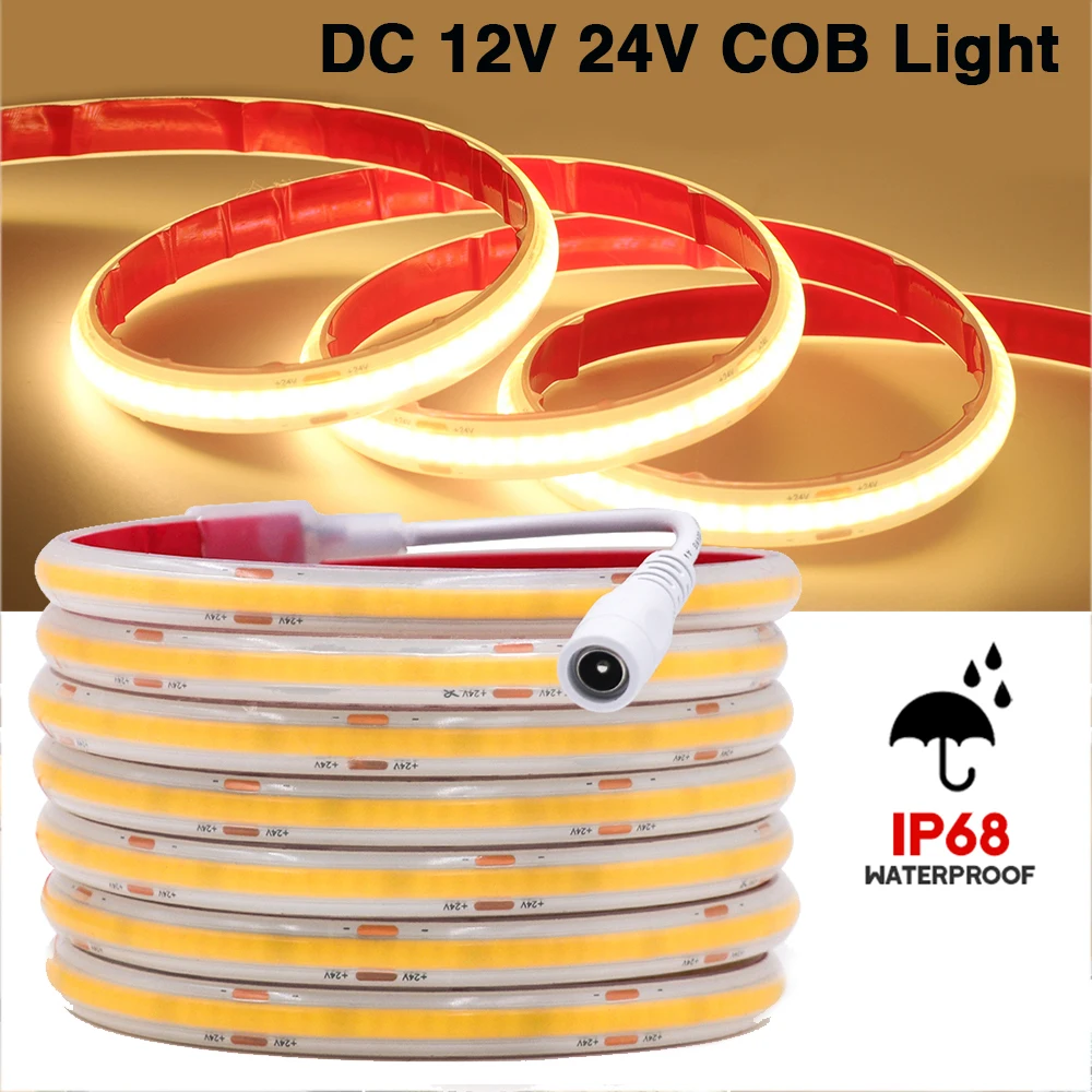 

IP68 Waterproof COB Strip 12V 24V 1M 10M 20M 320Leds/M RA90 3000K 4000K 6000K High Density Flexible Ribbon Rope FCOB LED Light