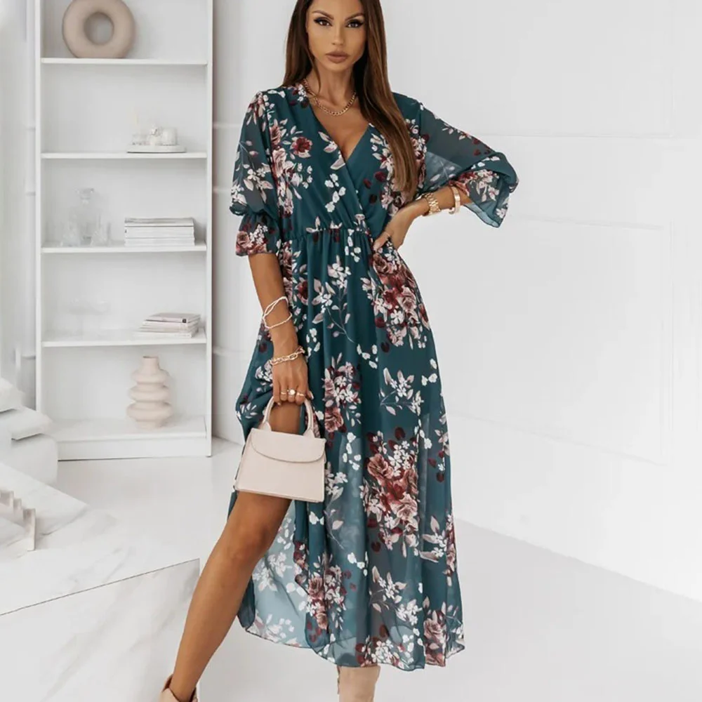 

Summer Boho Sexy V Neck Half Sleeve Dress Women Floral Print Long Dress Female Vintage Casual Side Split Big Hem Maxi Dresses