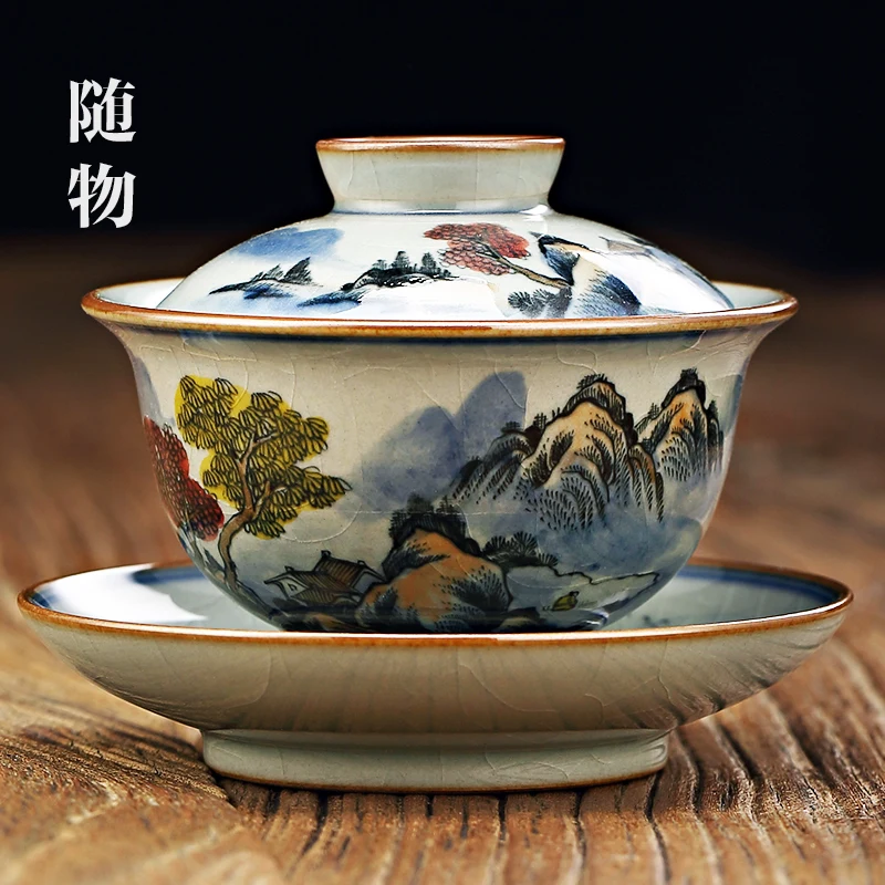 

Firewood Burning Colorful Hand Painted Gaiwan Jingdezhen High-End Porcelain Kung Fu Tea Set Tea Making Three-Piece Tea Bowl Sing