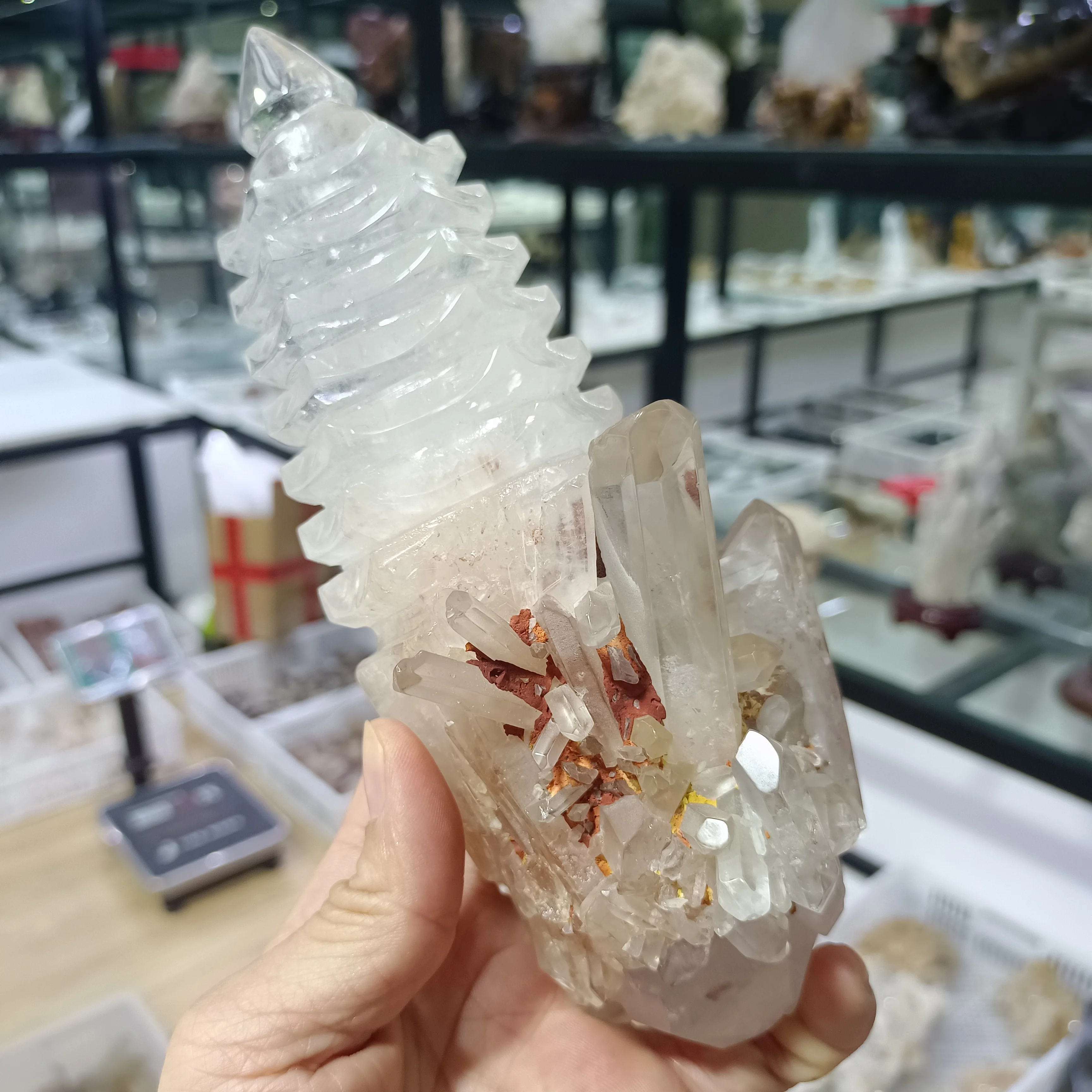 

Natural White Crystal Cluster Hand-Carved Wenchang Tower Quartz Mineral Reiki Treatment Home Degaussing Decorative MeditationGem