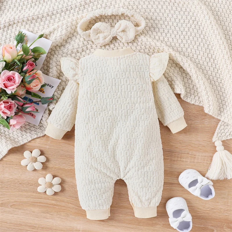

Baby Girls Autumn Crew Neck Romper Long Sleeve Ruffle Letter Print Jumpsuit with Headband