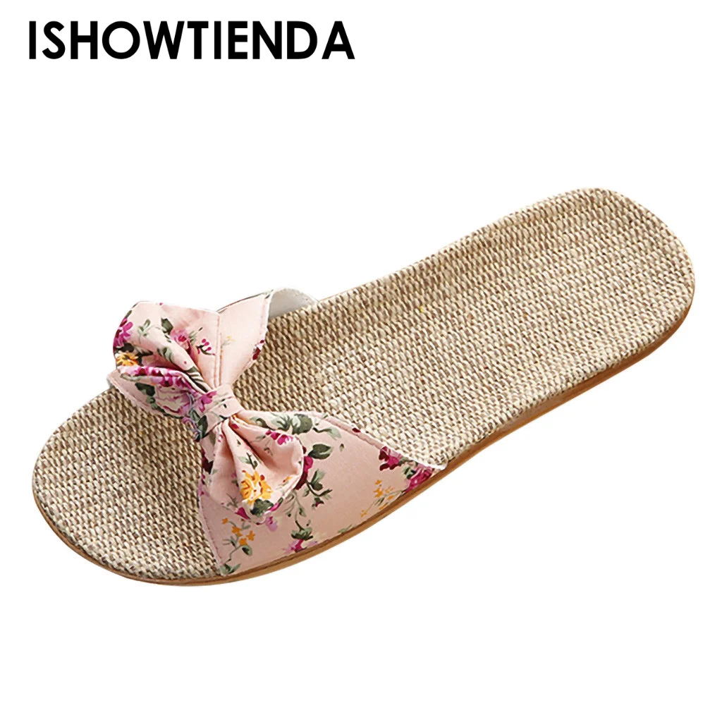 

Women Home Slippers Female Bowknot Flax Slippers Fashion Linen Flip Flops Summer Bohemia Beach Sandals Slipper Flip Flops