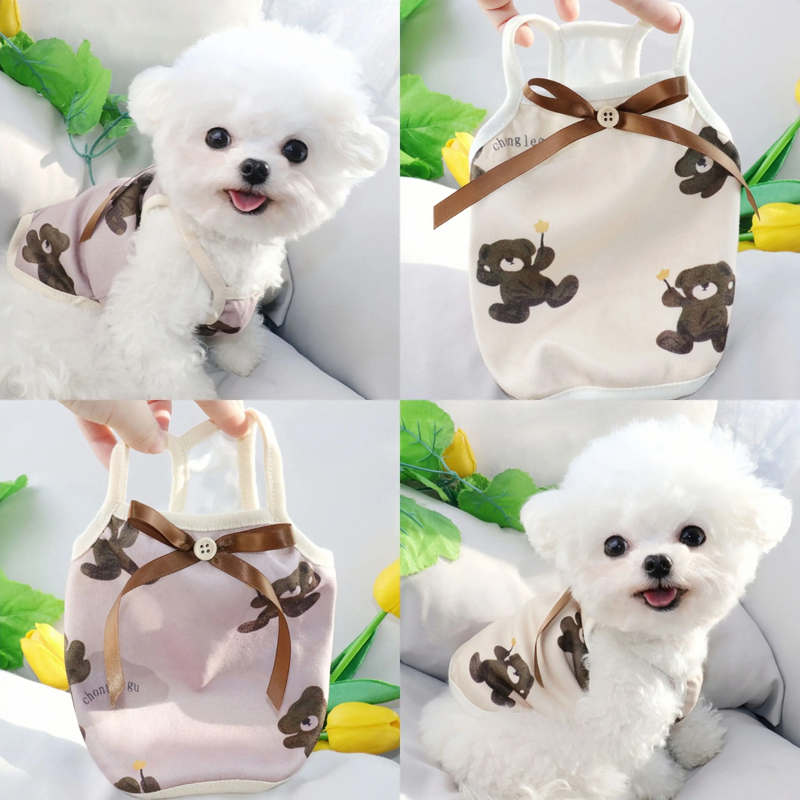 

Spring Summer Pet Clothes Kitten Puppy Cute Vest Small and Medium-sized Dog Cartoon Pattern Sling Bow Yorkshire Chihuahua