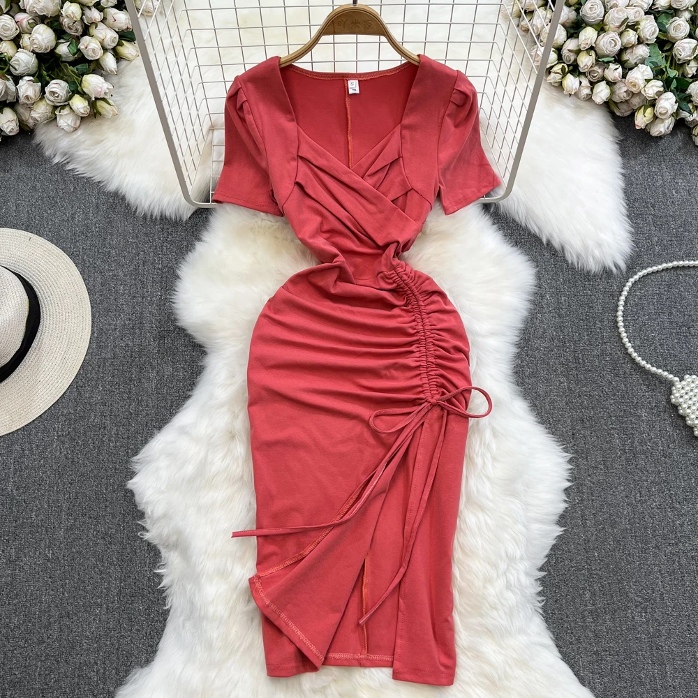 

Solid Summer Vintage Women Chic Female Ladies Vestido Fashion A Line Elegant Casual Party V Neck Draw String Office Lady Dress