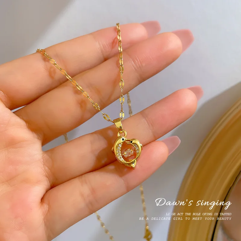 

[Titanium Steel] Smart Dolphin Necklace Female Small Pure Pure Gold Copper Micro-inlaid Simple Versatile Clavicle Chain Jewelry