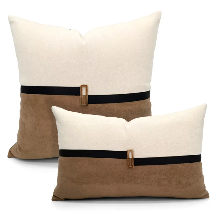 

simple brown cream cushion cover golden buckle pillowcase sofa waist suede pillow cover