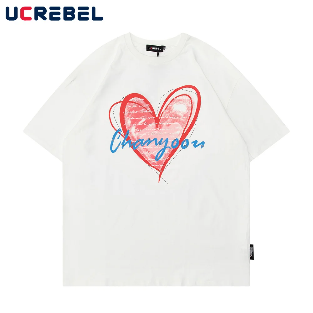 

Футболка мужская с коротким рукавом, Свободный Топ с принтом сердечек, с заклепками, Повседневная хлопковая рубашка с купольным плечом, на л...