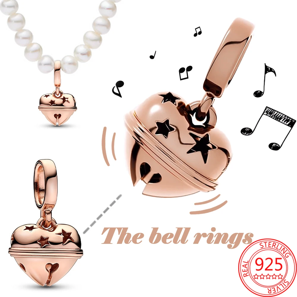 New 925 Silver Rose Gold Festive Star Bell Dangle Charm Fit Pandora Bracelet DIY Necklace Pendant Women's Jewelry Gift