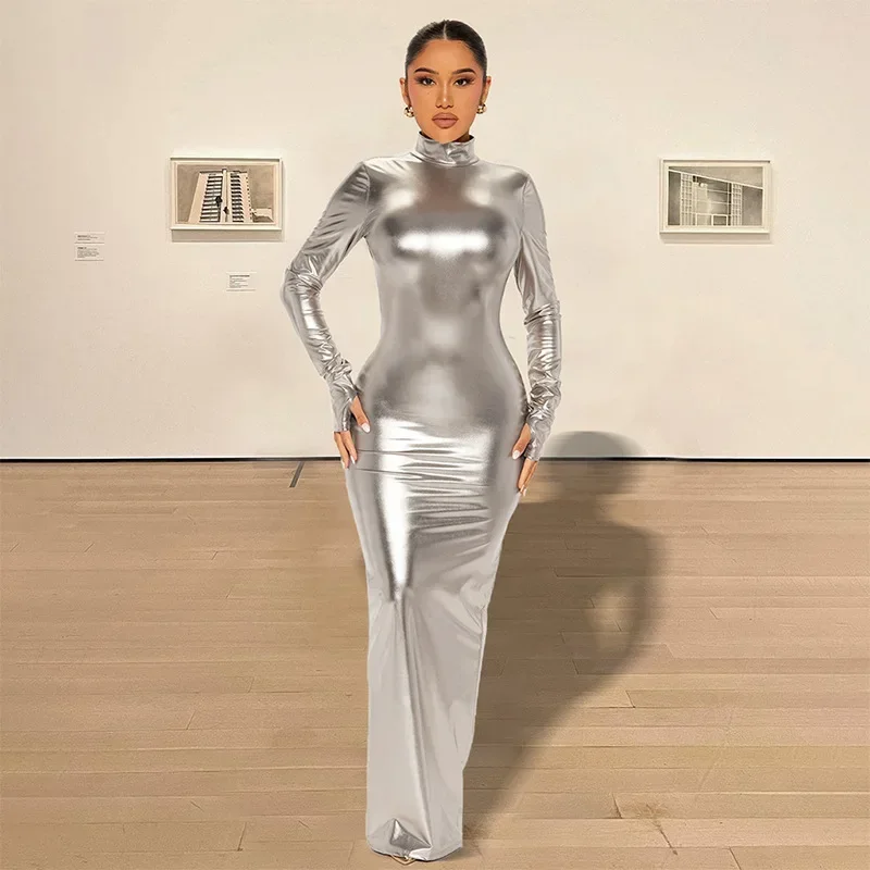 

Women Elegant Turtleneck Full Sleeve Slim Bodycon Long Clubwear Evening Party Dresses Y2K Metallic Gilding Backless Maxi Dress