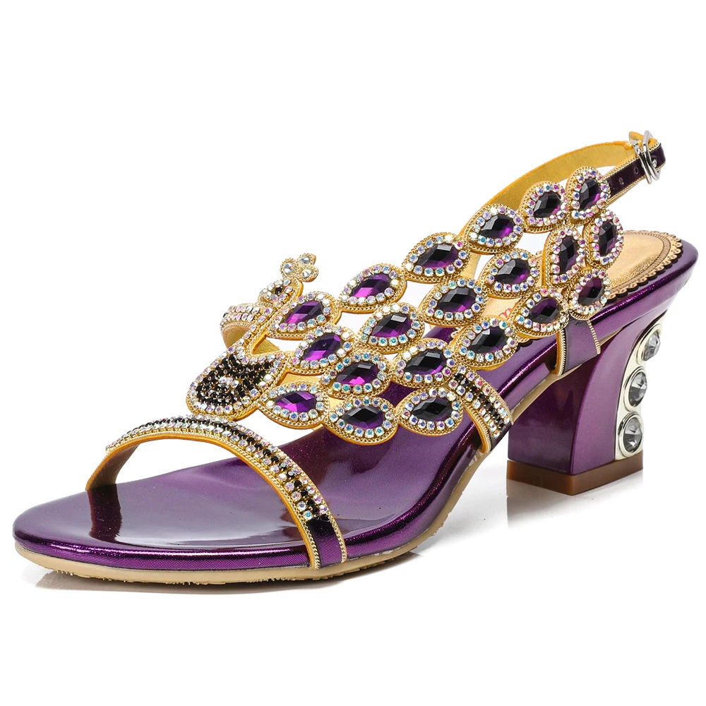 Big Size Genuine Leather Women Summer Rhinestone Square High Heels Ladies Wedding Party Shoes Sexy Crystal Green Sandals X0006