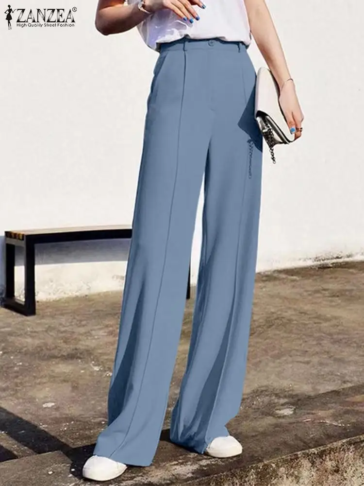 

Брюки ZANZEA женские с широкими штанинами, модные однотонные офисные штаны с завышенной талией, винтажные элегантные офисные брюки палаццо, лето 2023