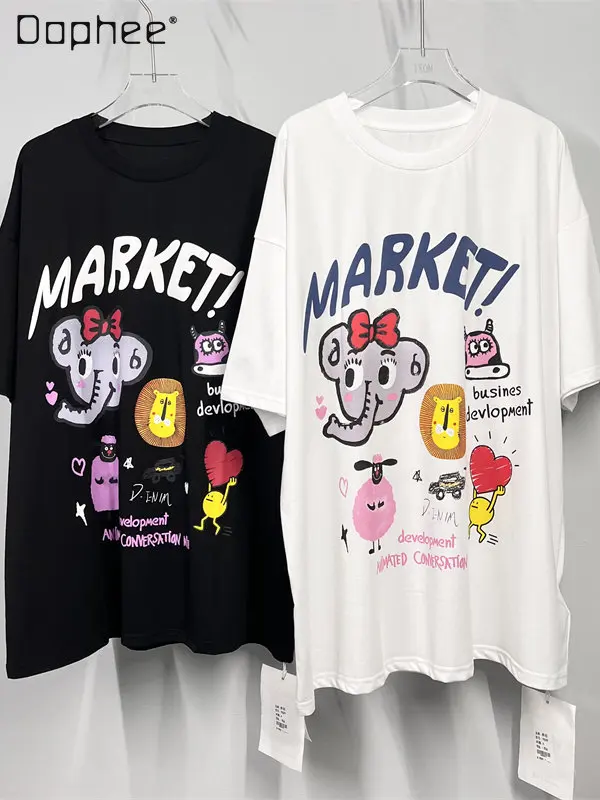 

Women's Korean-Style Loose Round Neck Short-Sleeved White T-shirt Top 2023 Summer New Cartoon Elephant Printed Cotton Top Female