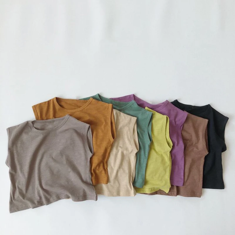 Летняя майка для младенцев и детей однотонная хлопковая футболка без рукавов