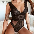 Женское кружевное боди FINETOO с вышивкой, прозрачное, с глубоким v-образным вырезом, сексуальное боди, в горошек, облегающее сетчатое белье, без рукавов, нижнее белье Femlae 2021