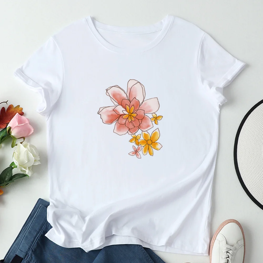 

Ink Flower T-shirt Women Harajuku Wild Short Sleeve Tshirt Women Cotton O-neck T Shirt Women White Leisure Tops Camisas Mujer