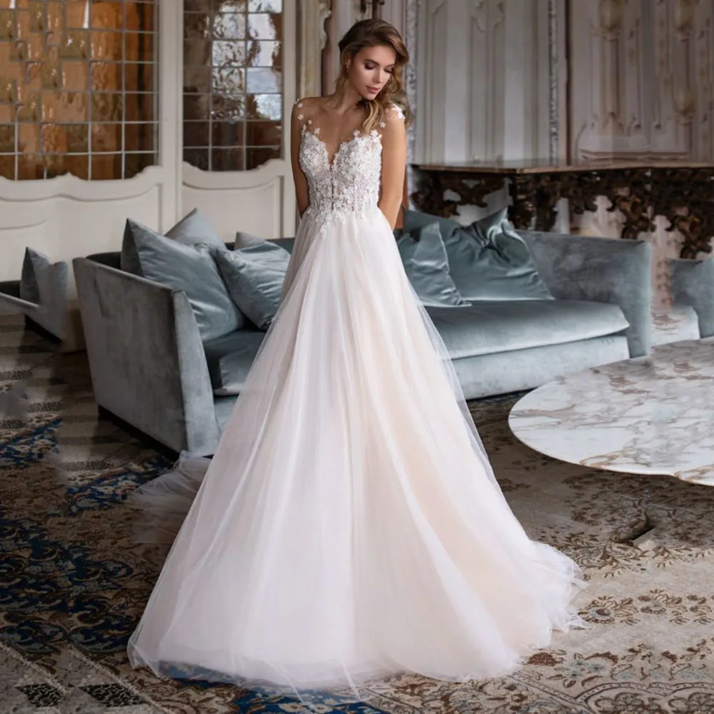 

Charming Lace Wedding Dresses Sheer Scoop Neckline Cap Sleeve A Line Flower Bride Gown Tulle Beach Vestido De Noiva