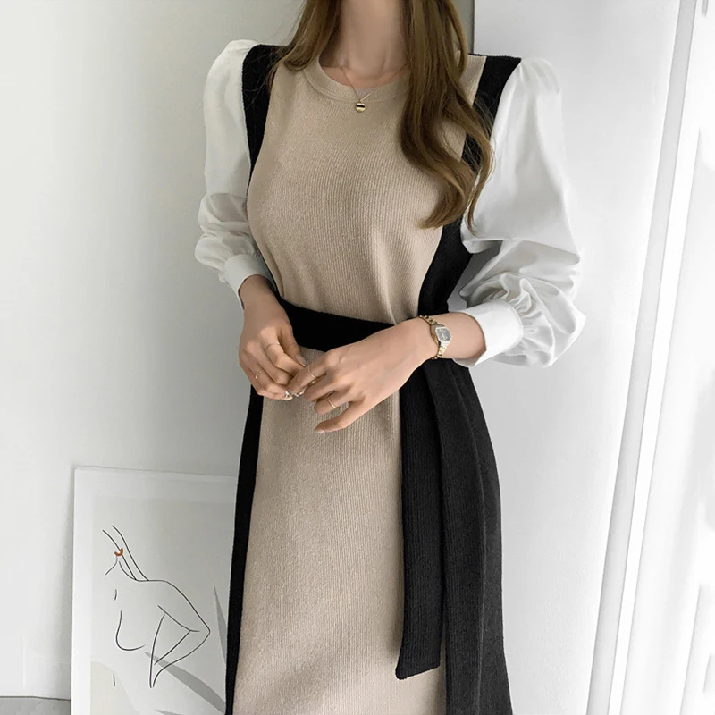 

Fashion Women Puff Sleeve Patchwork Dress Spring Autumn Sashes Dress