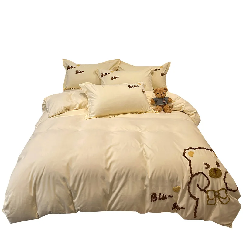 

Washed Cotton Four-Piece Set Summer Skin-Friendly Sanding Duvet Cover Children's Cartoon Bed Sheets Fitted Sheet Bed Three-Piece