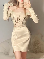 tooling functional belt design trend sexy high street long sleeved short top with tight fitting hip skirt womens suit