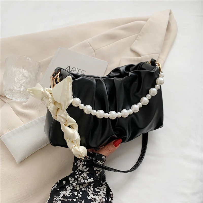 

Женская сумка на плечо, плиссированная сумка для подмышек в форме облака с жемчугом, нишевые сумки, женская Универсальная сумка на одно плечо, новинка 2022