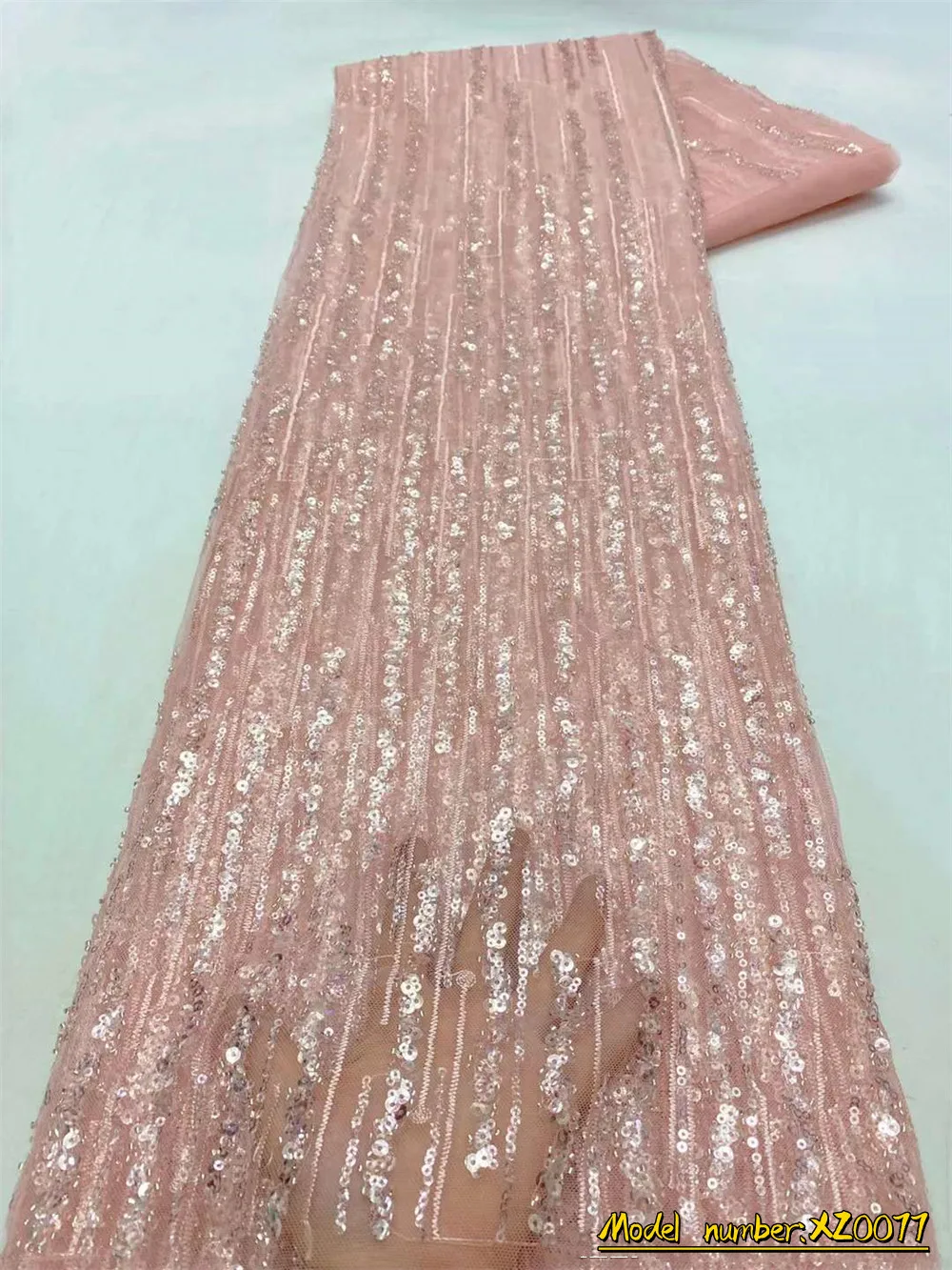 

2022 High Quality Embroidery Sequins Mesh Lace Fabric African Lace Fabric With Beads French Tulle Lace Fabric For Women XZ0077