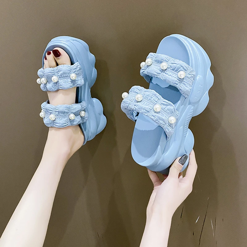 

Мюли женские на плоской подошве, пляжные шлепанцы, сланцы, платформа, бусины, каблук, модная модель Лето 2022