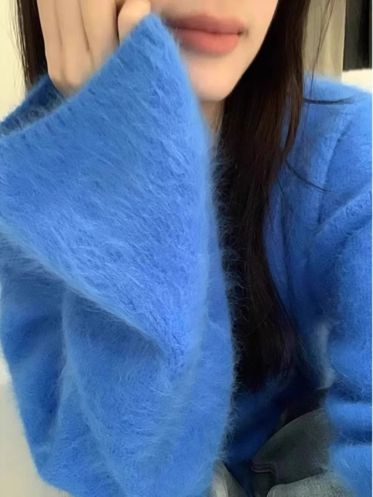 Soft Glutinous Milk Fufu Klein Blue Mink Velvet Sweater Women Autumn and Winter Loose Idle Sle Mohair Knitted Top