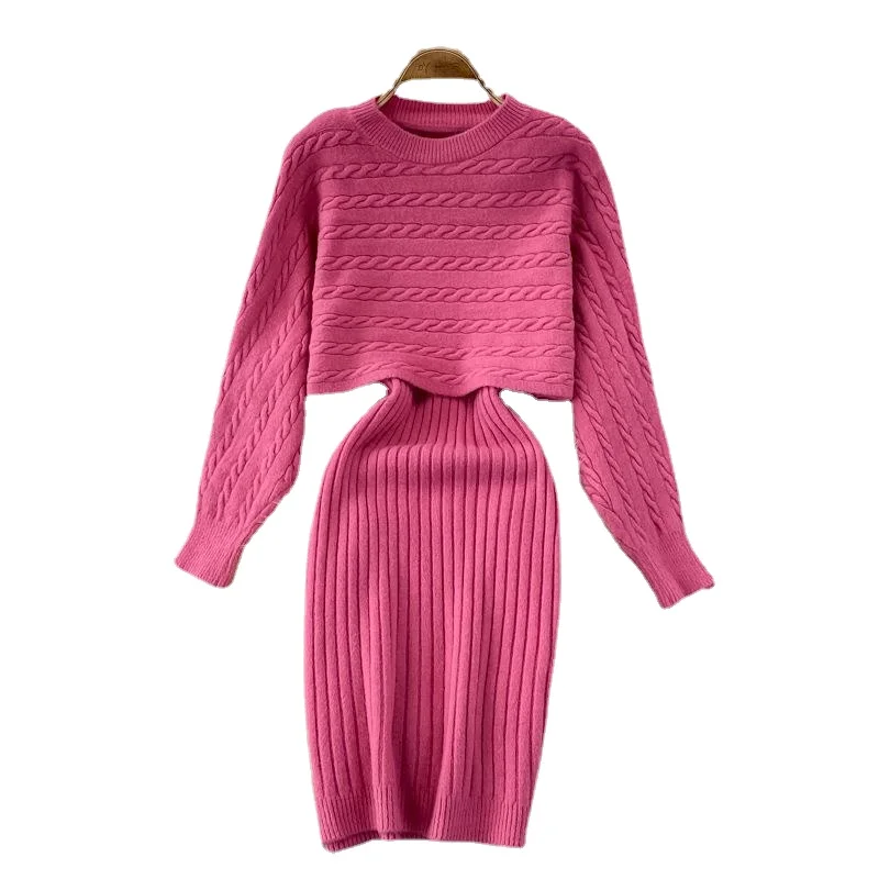 

Autumn and winter Korean version lazy wind ladies sweater loose top two-piece knitted camisole dress personality knitted dress