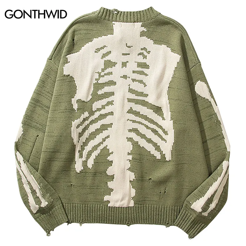 

Hip Hop Sweater Streetwear Y2K Vintage Knitted Skull Skeleton Bones Ripped Destroyed Hole Jumpers Harajuku Punk Gothic Pullovers