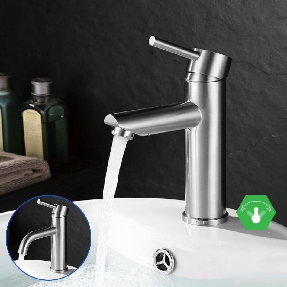 

Bathroom Basin Faucet Hot Cold Water Saving Mixer Tap 304 Stainless Steel Washroom Sink Faucets Single Hole Taps Crane Brushed