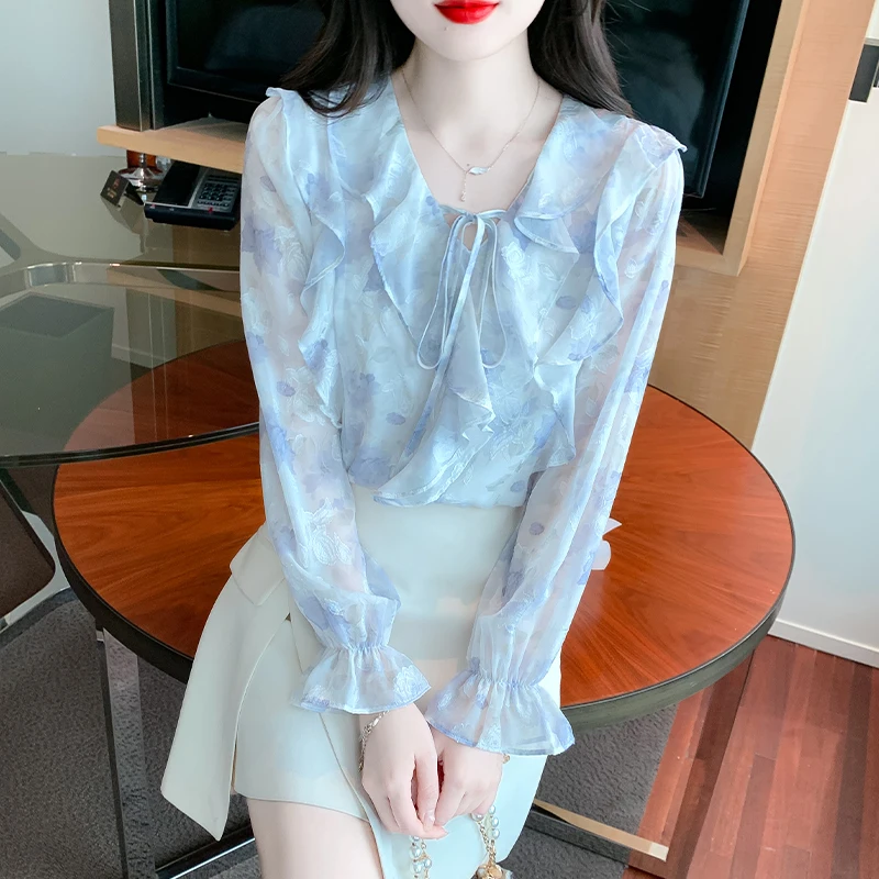 

Autumn V Neck Shirt Women's Flower Print Long Sleeve Blouse Female Pullover Commuter Casual Tops