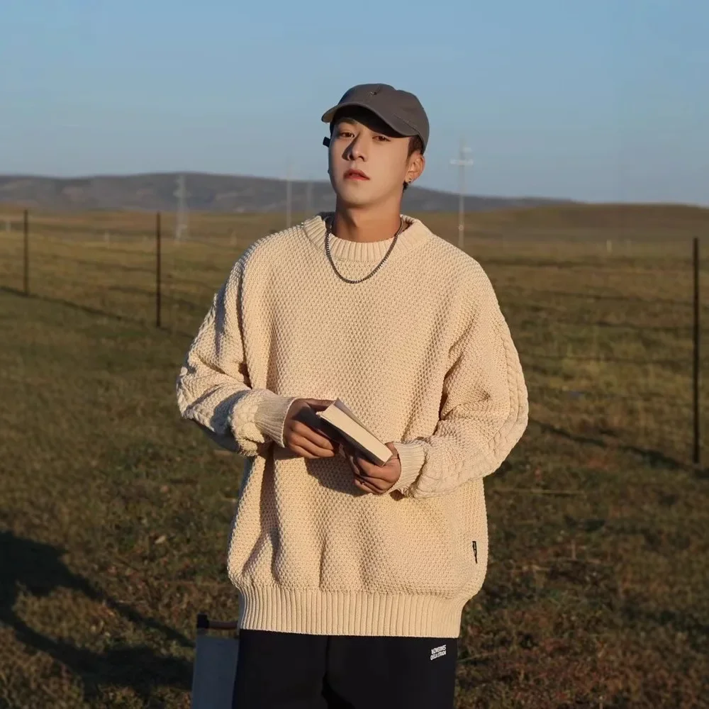 Мужской свободный свитер с круглым вырезом вязаный топ однотонный пуловер