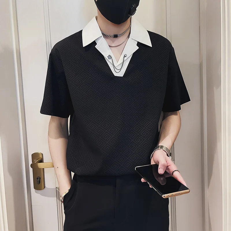 

2022 Summer Short Sleeve Pullover Shirt Men Fashion Patchwork Lapels Loose Casual Shirt Streetwear Social Tops Men Clothing