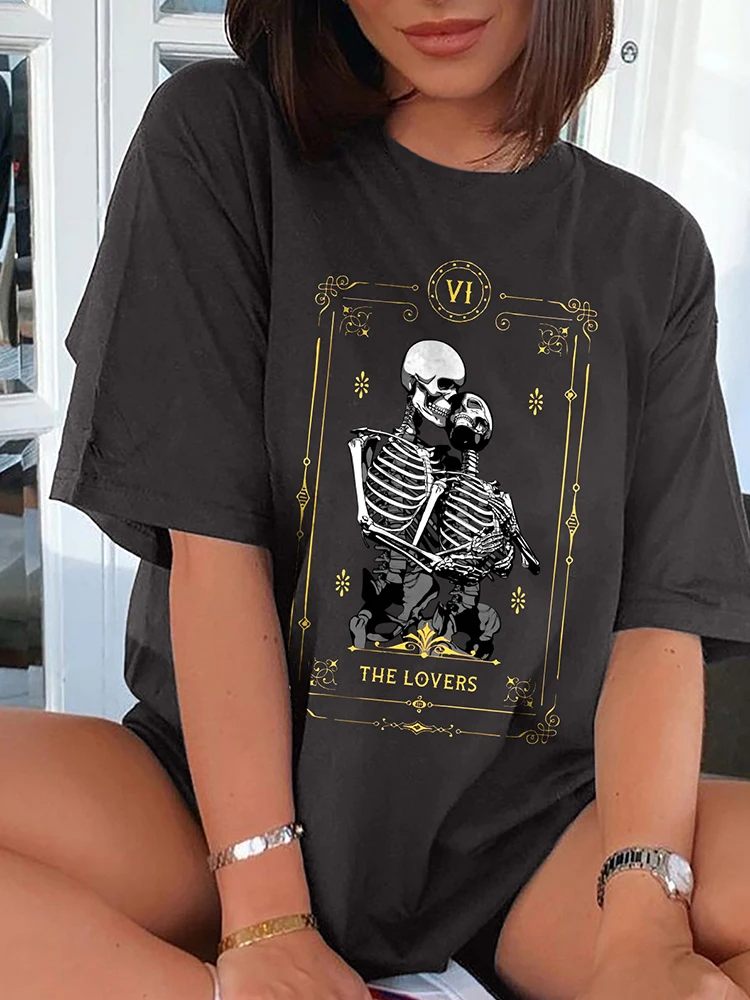 

Seeyoushy The Lovers Couple Skeleton Skulls Print Women T-shirts Summer Loose T Shirt Drop Shoulder Vintage Old Tee Top Clothes