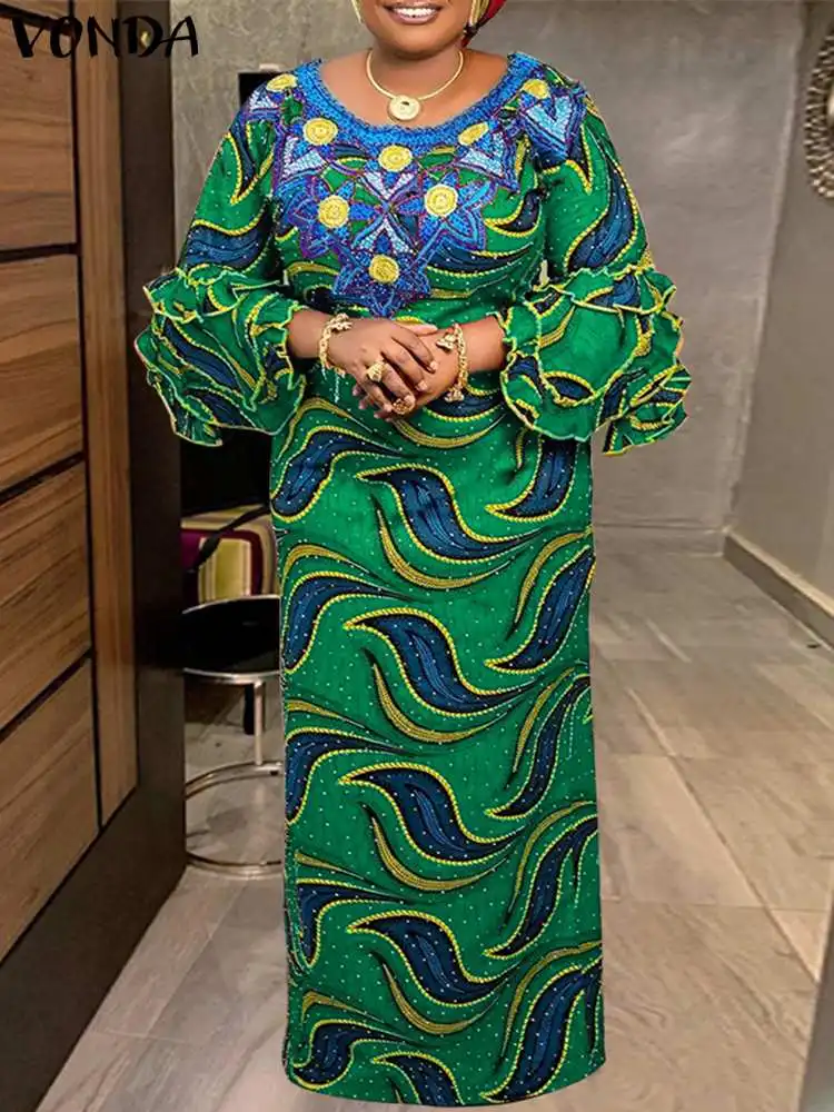 

Women Maxi Dress 2023 VONDA Bohemian Vintage Party Dresses Floral Printed Summer Ruffled Long Sundress Casual Pleated Robe