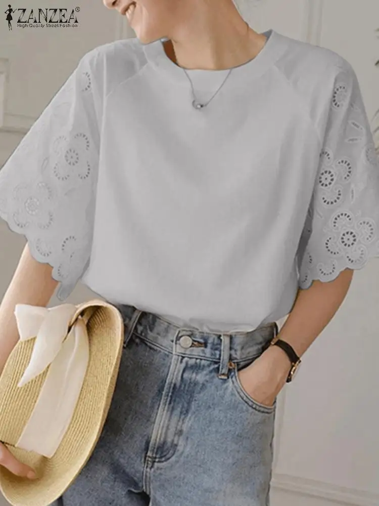 

ZANZEA Summer Women Elegant Tops Solid Lace Blouse Fashion Casual Chemise Female Round Neck Short Sleeve Loose Tops Oversized