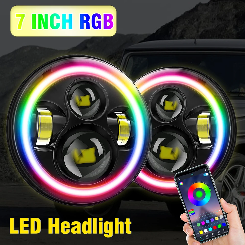 7 inch Round Led Headlight Bluetooth App Control With RGB Halo White Fit For Jeep-Wrangler TJ JK High and low beam Fog Light