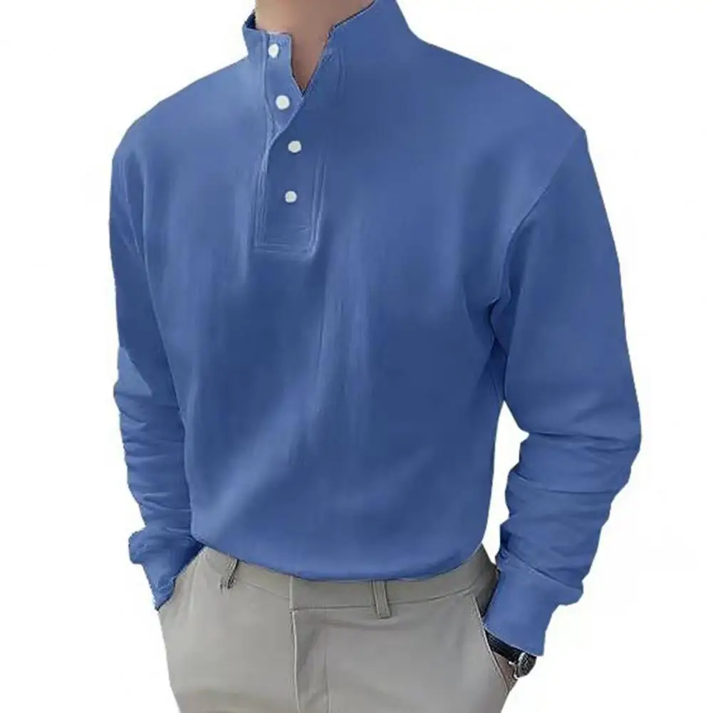 

Men Shirt Solid Color Summer T-shirt Stand Collar Men T-shirt Pullover Summer Shirt Buttons Casual Summer Top for Dating