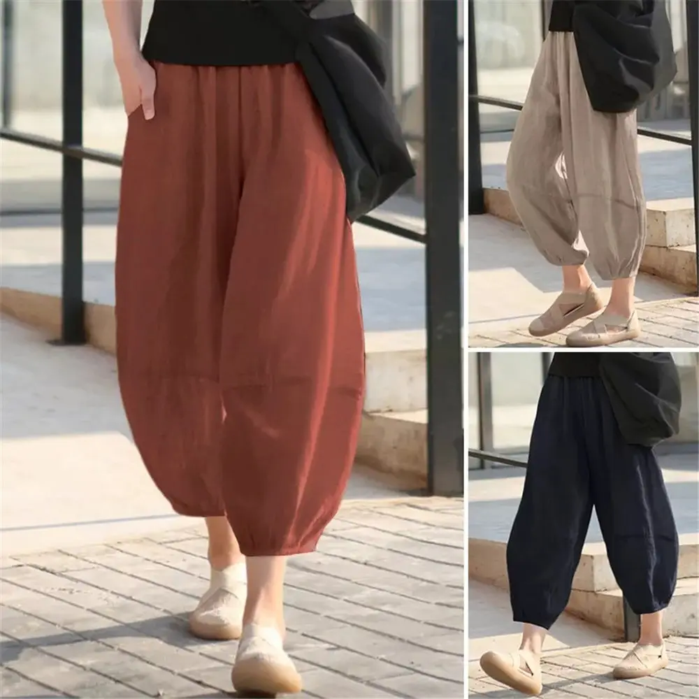 

2022 Women Summer Cotton Bloomers Linen Blend Sarouel Elastic Waist Cool Harem Pants Cropped Wide Leg Trousers